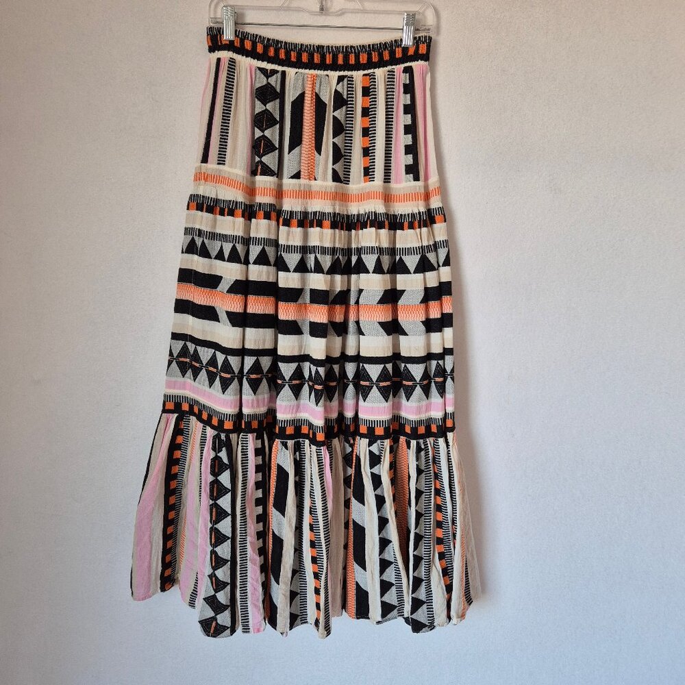 Devotion Twins Psarou Maxi Skirt Tiered Elastic Waist Black Orange Assorted - Picture 3 of 14